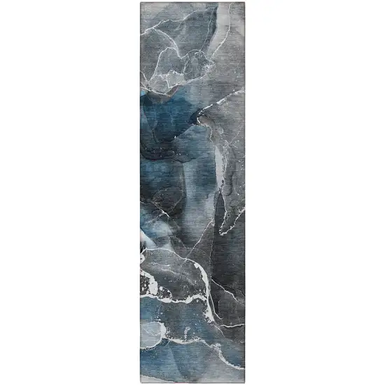 8' Runner Ivory Blue and Gray Abstract Washable Non Skid Indoor Outdoor Runner Rug Photo 4