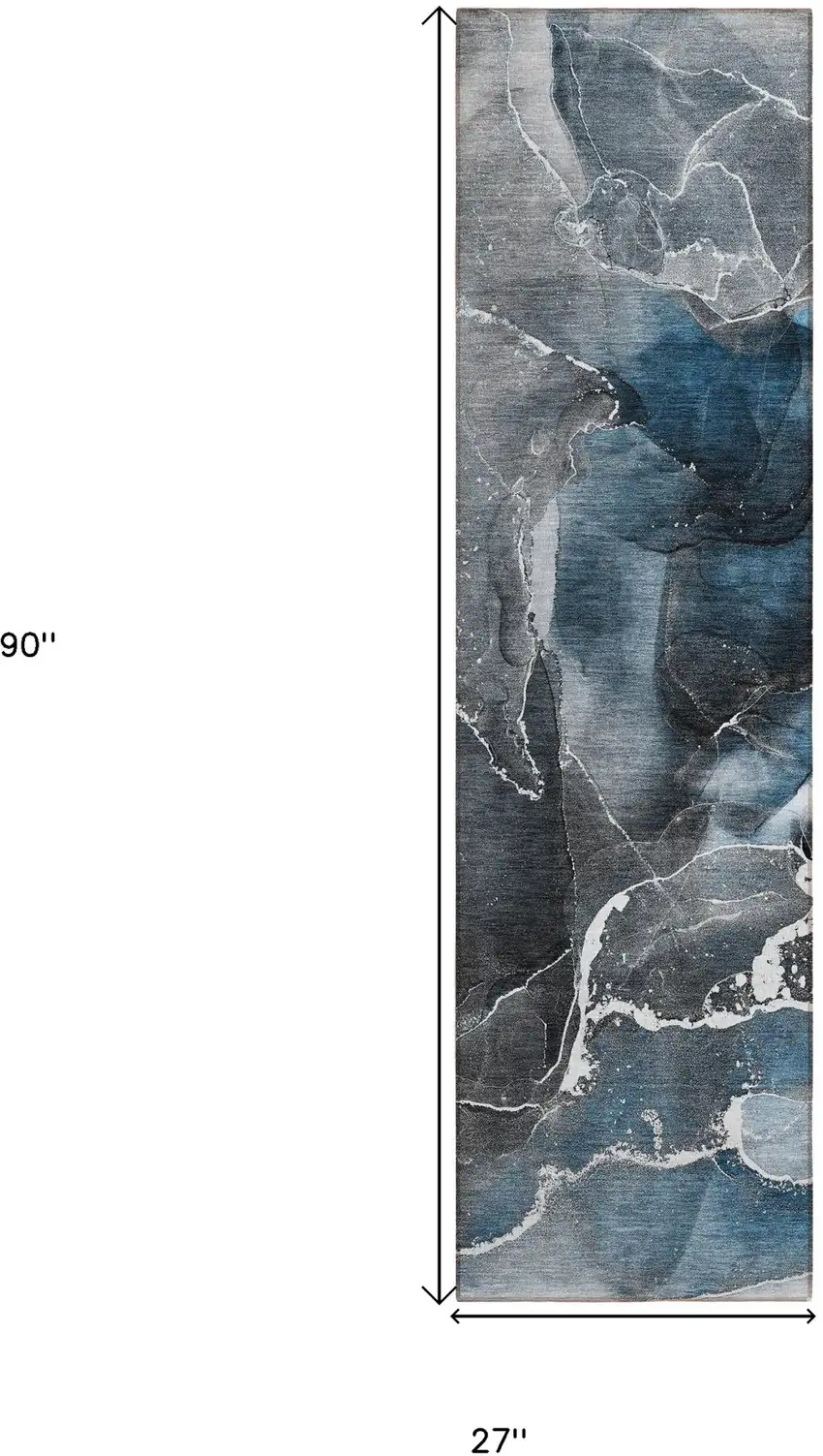 Ivory Blue and Gray Abstract Washable Non Skid Indoor Outdoor Runner Rug Photo 3
