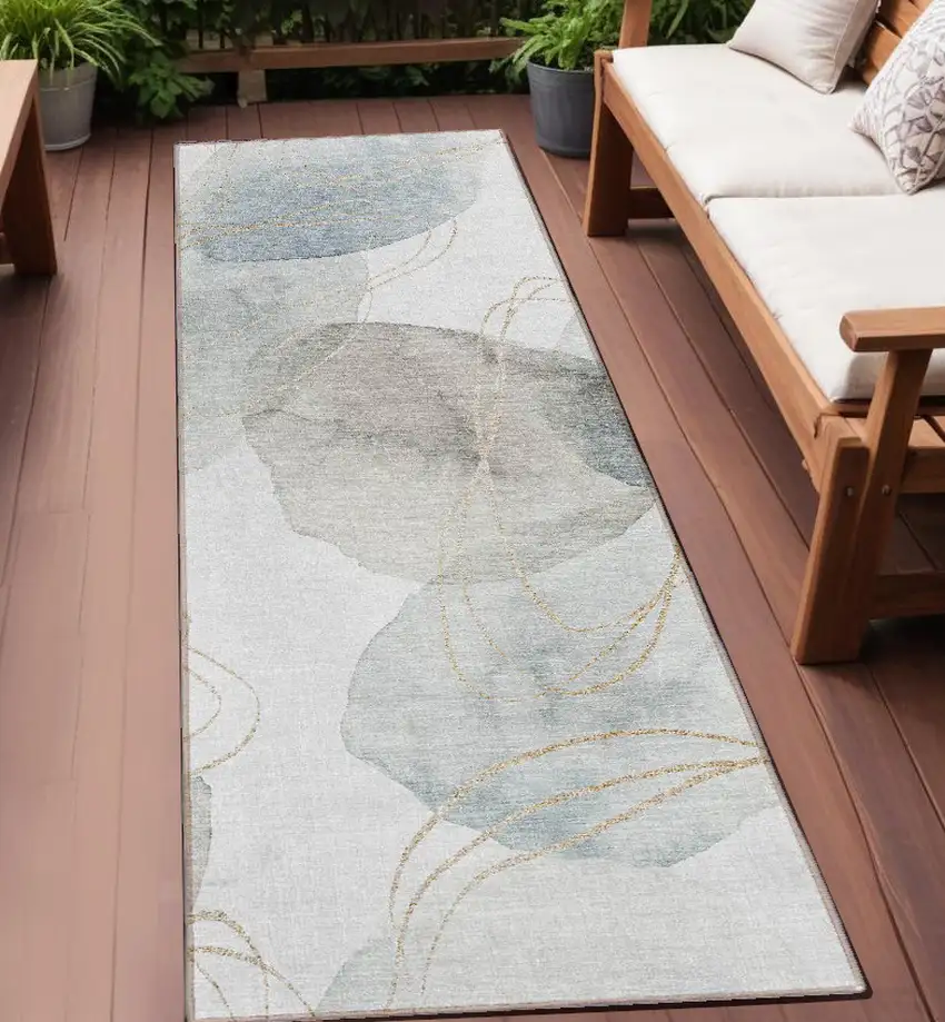 Ivory Blue and Gray Abstract Washable Non Skid Indoor Outdoor Runner Rug Photo 1