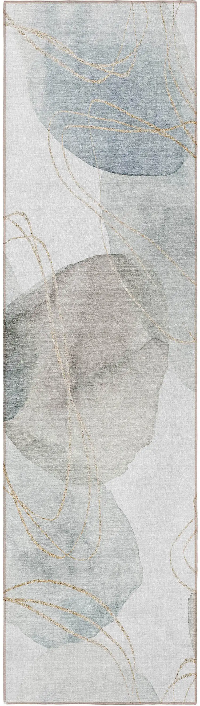 8' Runner Ivory Blue and Gray Abstract Washable Non Skid Indoor Outdoor Runner Rug Photo 4