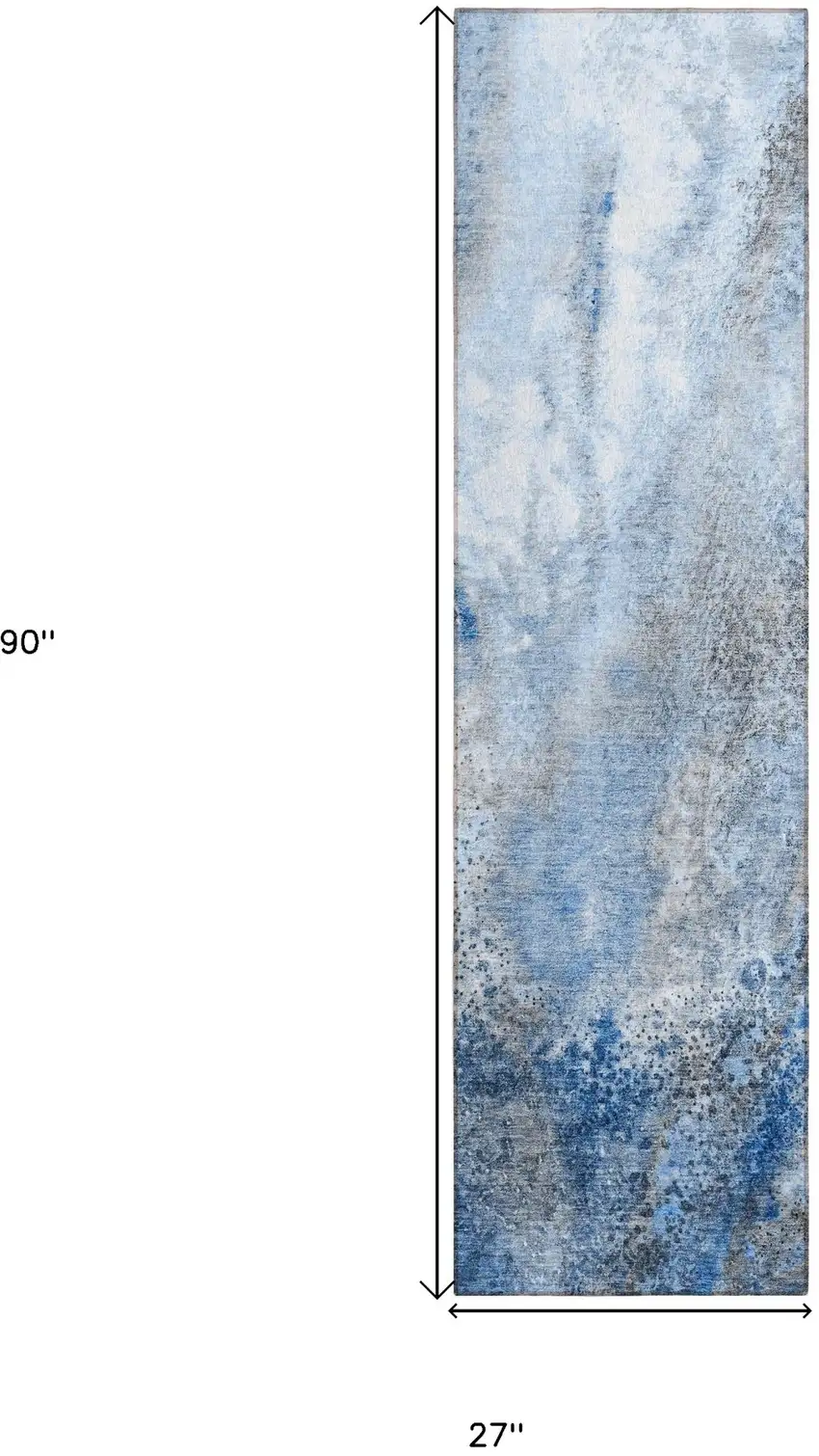8' Runner Ivory Blue and Gray Abstract Washable Non Skid Indoor Outdoor Runner Rug Photo 3