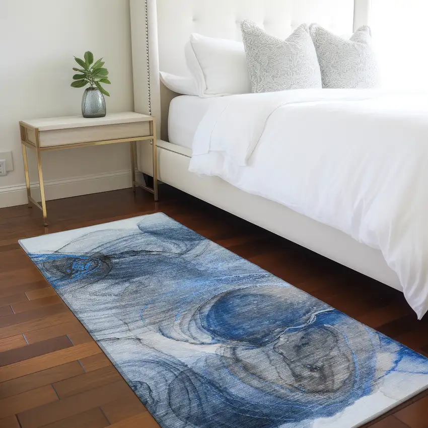 Ivory Blue and Gray Abstract Washable Non Skid Indoor Outdoor Runner Rug Photo 9
