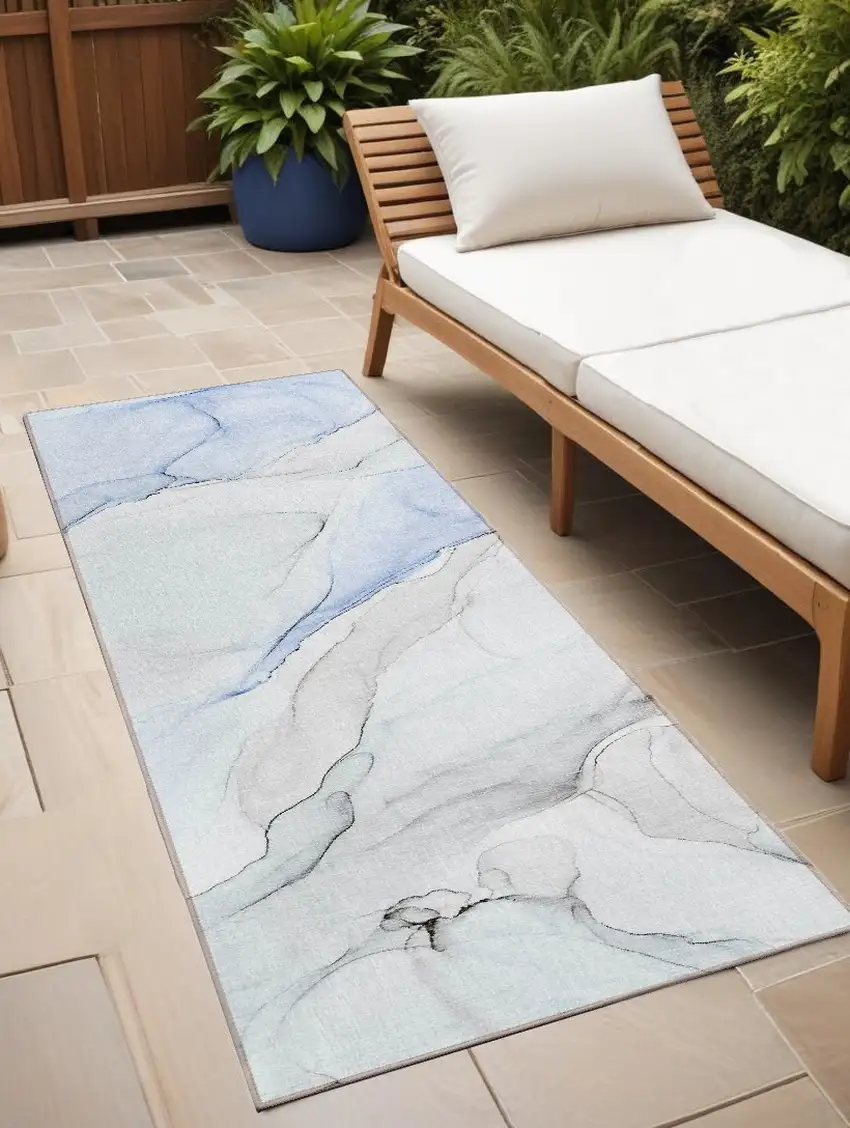 Ivory Blue and Gray Abstract Washable Non Skid Indoor Outdoor Runner Rug Photo 1