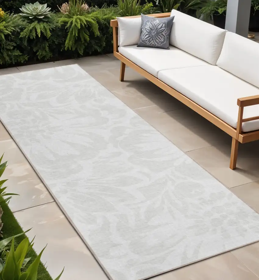 Ivory Floral Washable Non Skid Indoor Outdoor Runner Rug Photo 1