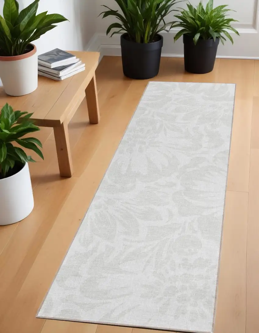 Ivory Floral Washable Non Skid Indoor Outdoor Runner Rug Photo 1