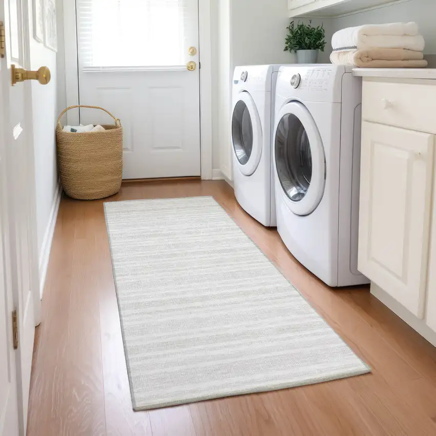 8' Runner Ivory Striped Washable Non Skid Indoor Outdoor Runner Rug Photo 7