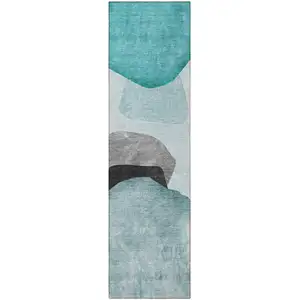 Photo of 8' Runner Ivory Teal and Gray Abstract Washable Non Skid Indoor Outdoor Runner Rug