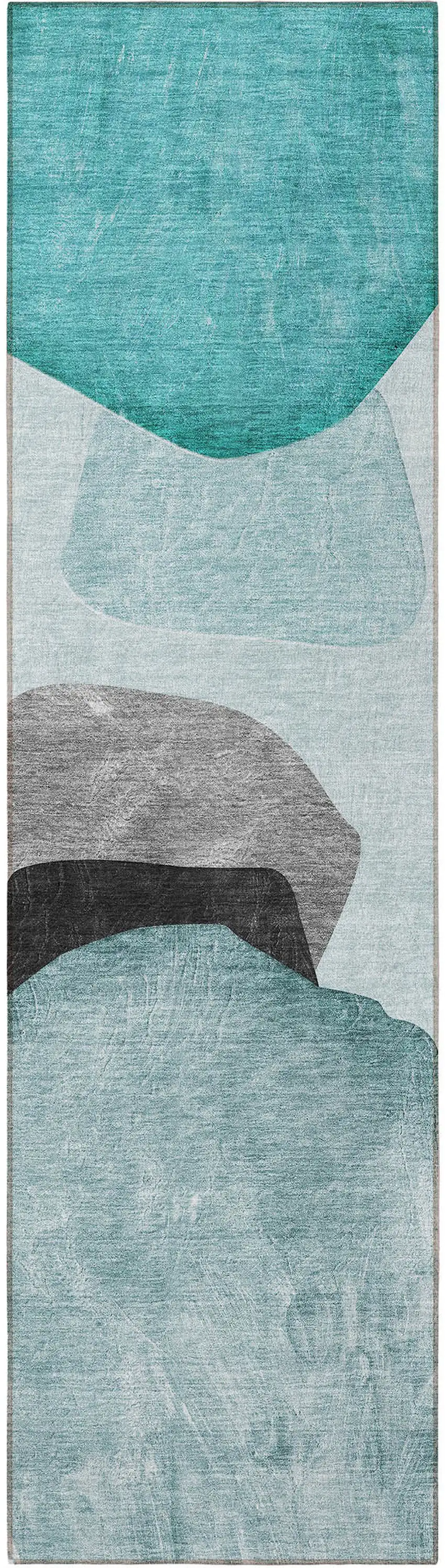 8' Runner Ivory Teal and Gray Abstract Washable Non Skid Indoor Outdoor Runner Rug Photo 5