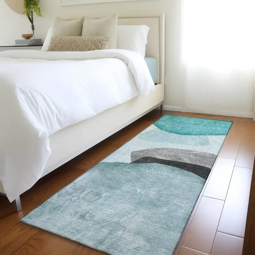 Ivory Teal and Gray Abstract Washable Non Skid Indoor Outdoor Runner Rug Photo 9