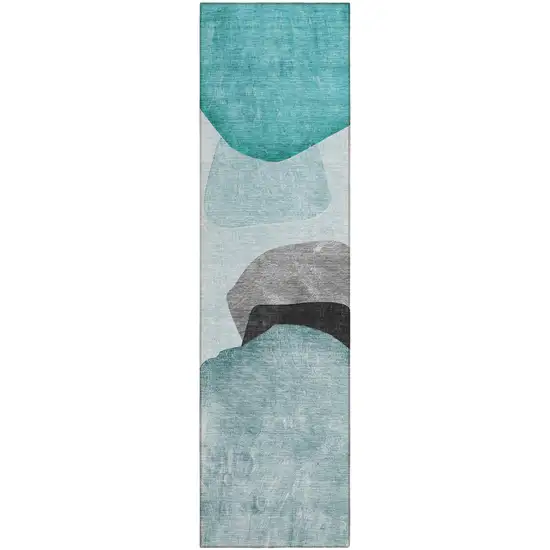 8' Runner Ivory Teal and Gray Abstract Washable Non Skid Indoor Outdoor Runner Rug Photo 2