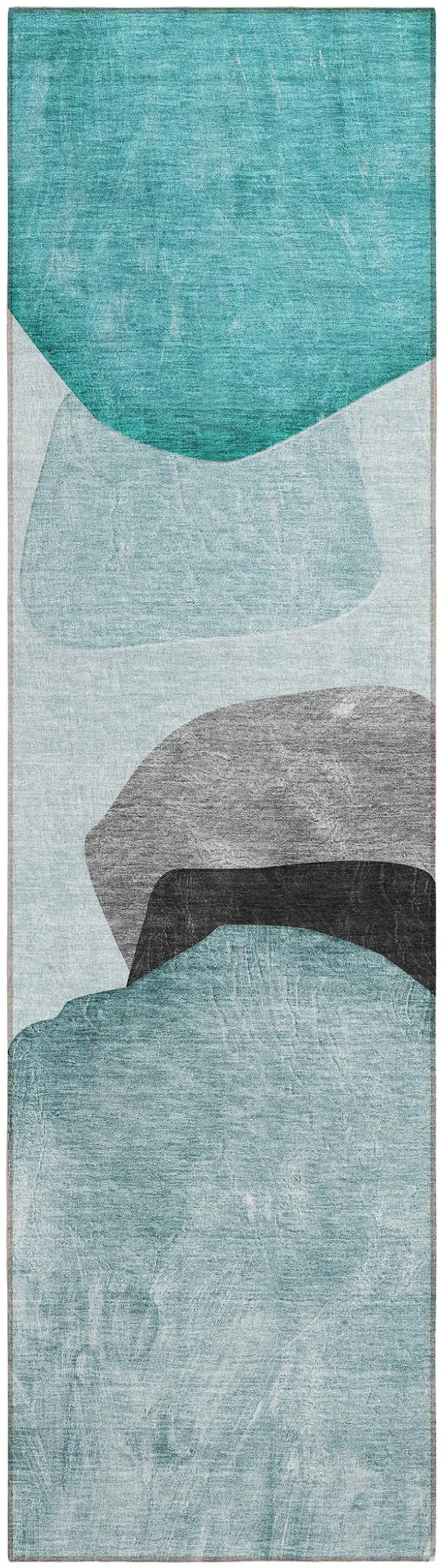 8' Runner Ivory Teal and Gray Abstract Washable Non Skid Indoor Outdoor Runner Rug Photo 2