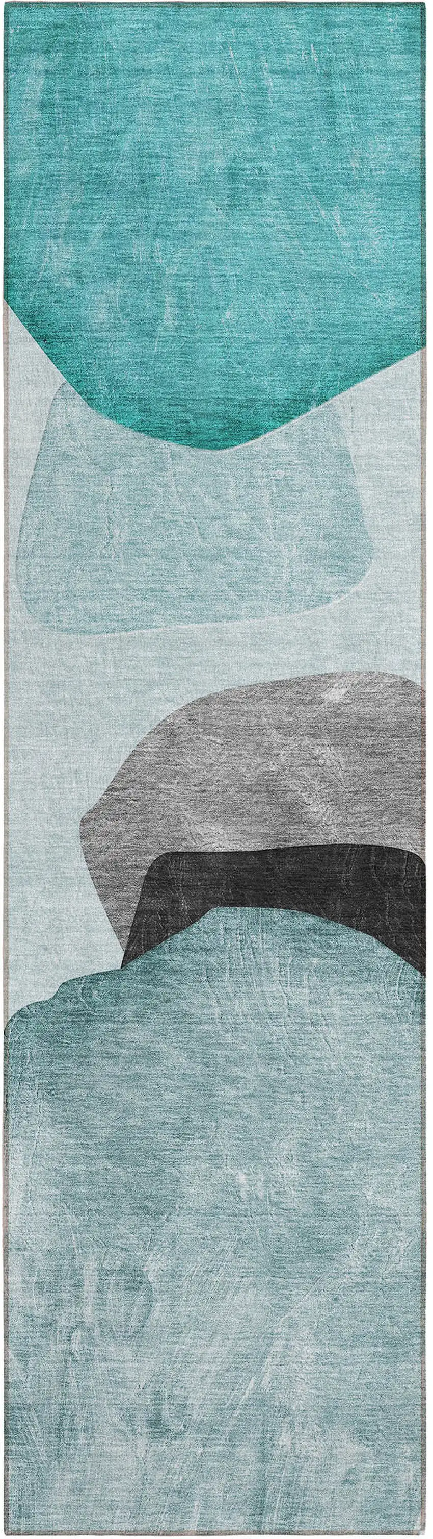 8' Runner Ivory Teal and Gray Abstract Washable Non Skid Indoor Outdoor Runner Rug Photo 2