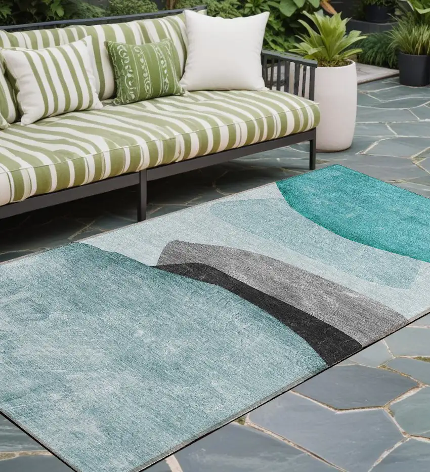Ivory Teal and Gray Abstract Washable Non Skid Indoor Outdoor Runner Rug Photo 1
