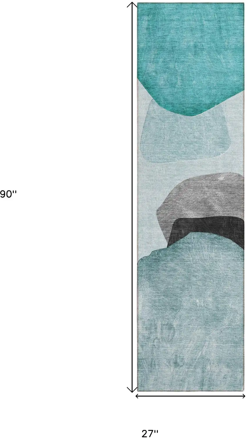 8' Runner Ivory Teal and Gray Abstract Washable Non Skid Indoor Outdoor Runner Rug Photo 3