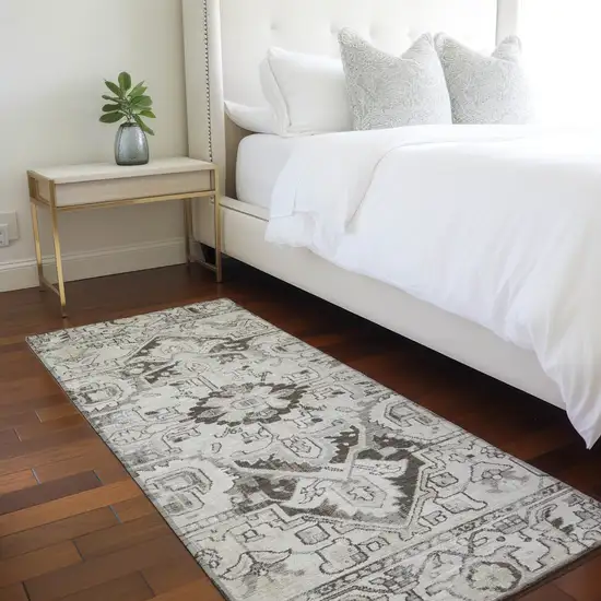 Ivory and Dark Brown Oriental Washable Non Skid Indoor Outdoor Runner Rug Photo 9