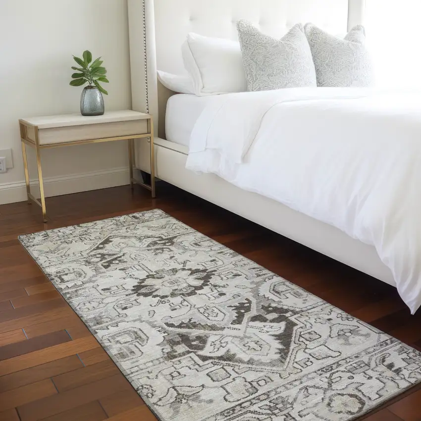 Ivory and Dark Brown Oriental Washable Non Skid Indoor Outdoor Runner Rug Photo 9