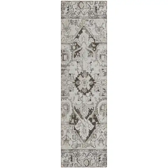 8' Runner Ivory and Dark Brown Oriental Washable Non Skid Indoor Outdoor Runner Rug Photo 2