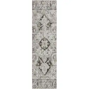 Photo of 8' Runner Ivory and Dark Brown Oriental Washable Non Skid Indoor Outdoor Runner Rug
