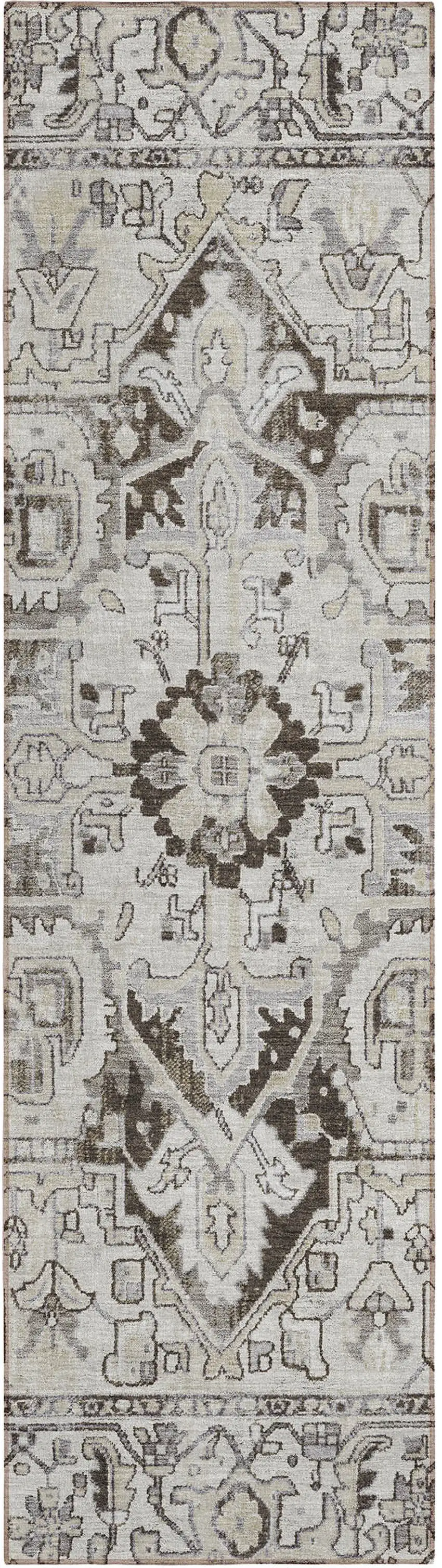 8' Runner Ivory and Dark Brown Oriental Washable Non Skid Indoor Outdoor Runner Rug Photo 2