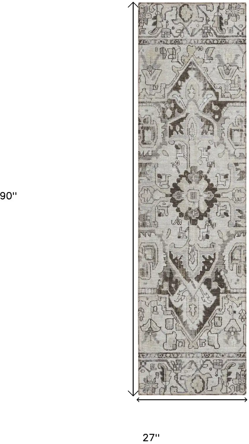 Ivory and Dark Brown Oriental Washable Non Skid Indoor Outdoor Runner Rug Photo 3