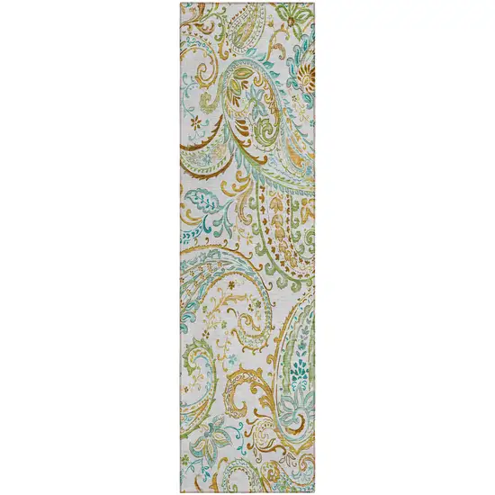 8' Runner Ivory and Gold Paisley Washable Non Skid Indoor Outdoor Runner Rug Photo 2
