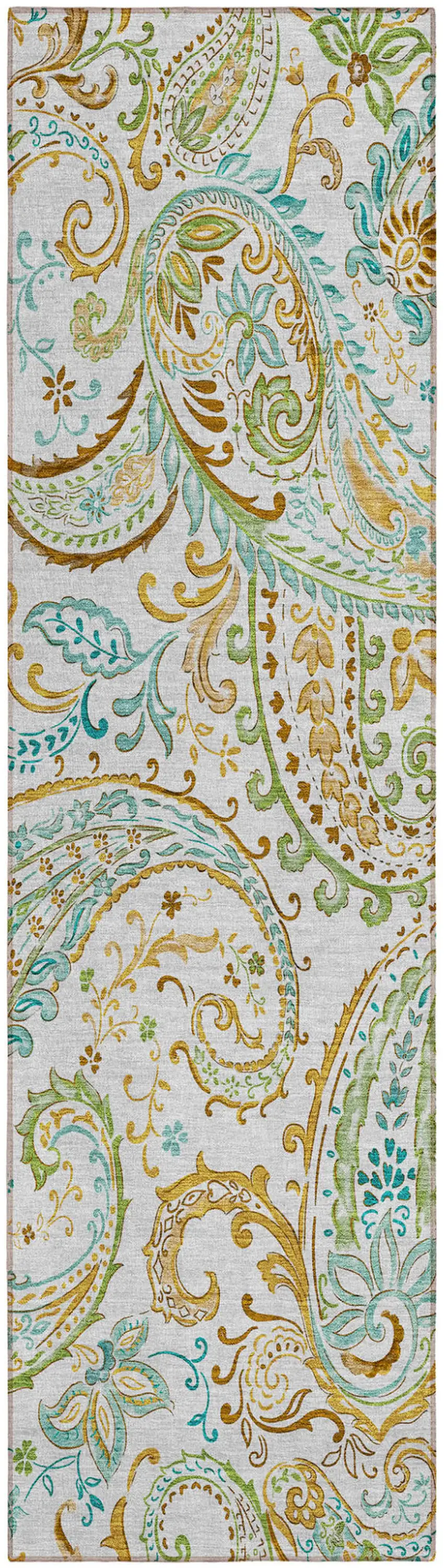 8' Runner Ivory and Gold Paisley Washable Non Skid Indoor Outdoor Runner Rug Photo 2