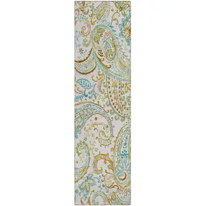 Photo of 8' Runner Ivory and Gold Paisley Washable Non Skid Indoor Outdoor Runner Rug