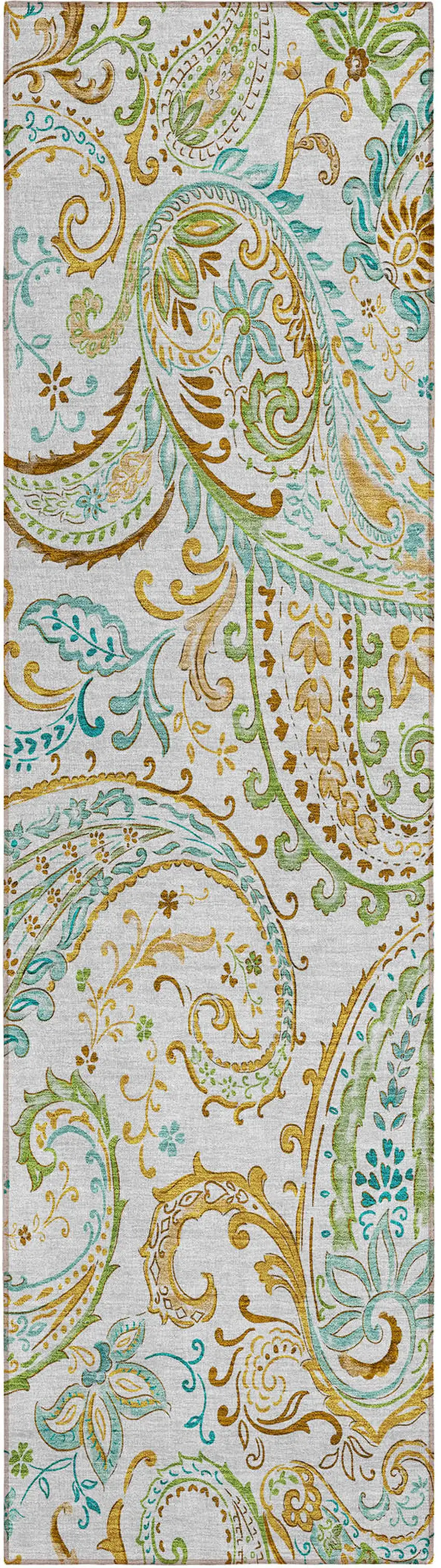 8' Runner Ivory and Gold Paisley Washable Non Skid Indoor Outdoor Runner Rug Photo 2