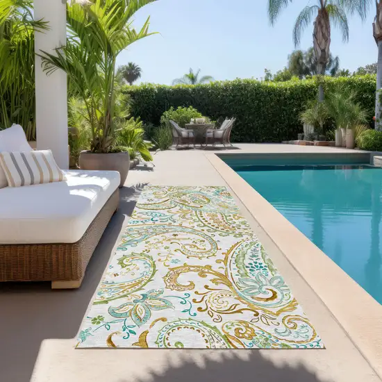 Ivory and Gold Paisley Washable Non Skid Indoor Outdoor Runner Rug Photo 9