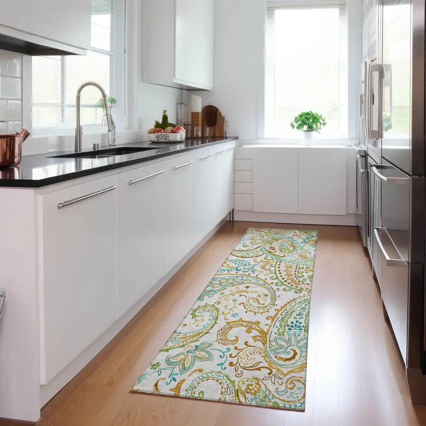 Ivory and Gold Paisley Washable Non Skid Indoor Outdoor Runner Rug Photo 9
