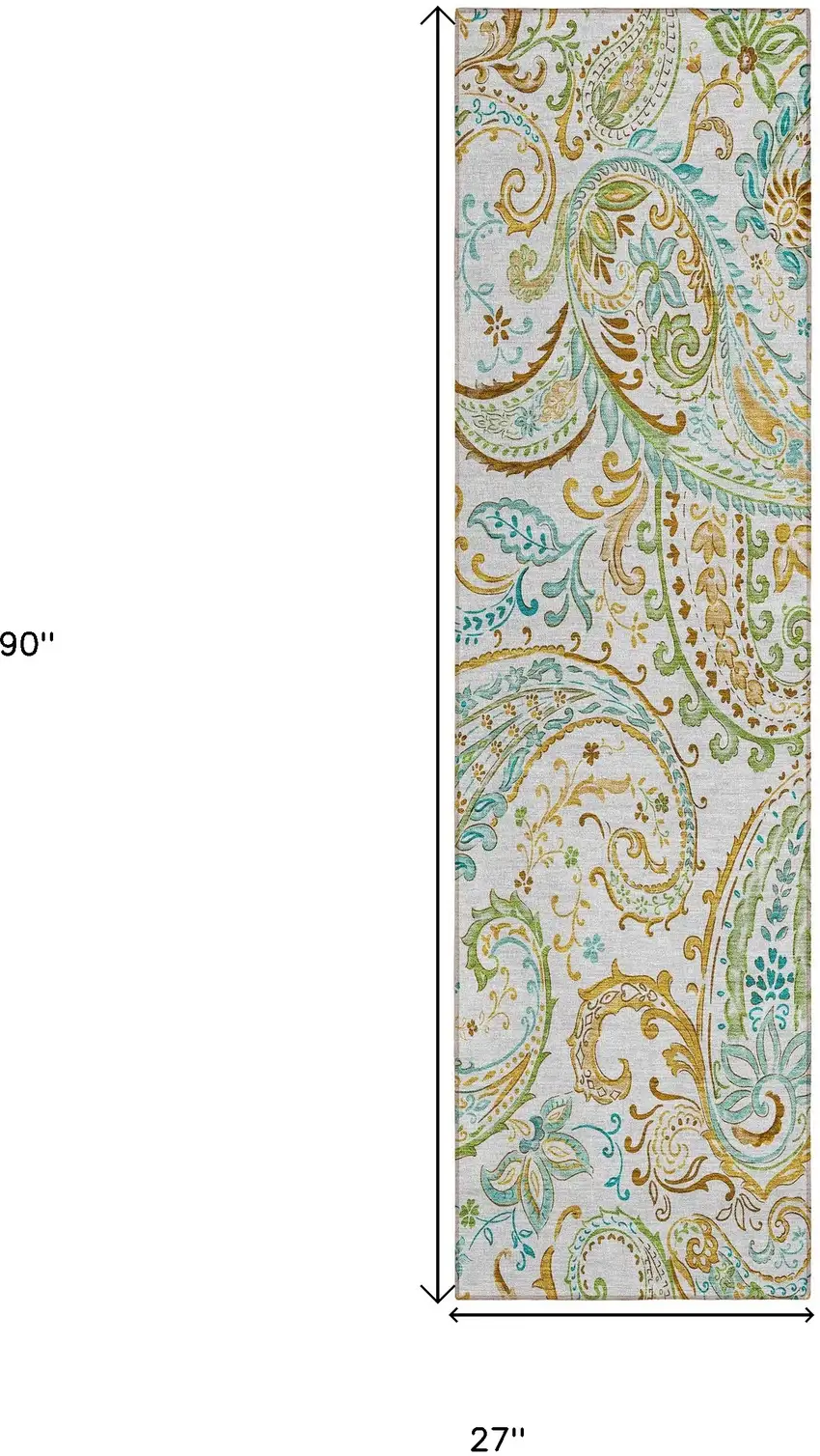 8' Runner Ivory and Gold Paisley Washable Non Skid Indoor Outdoor Runner Rug Photo 3
