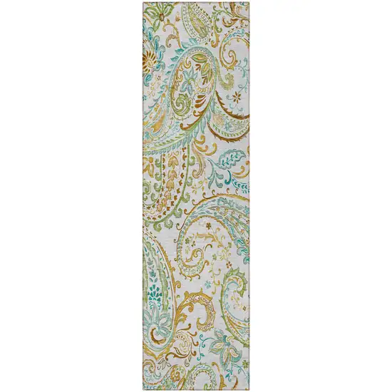8' Runner Ivory and Gold Paisley Washable Non Skid Indoor Outdoor Runner Rug Photo 5