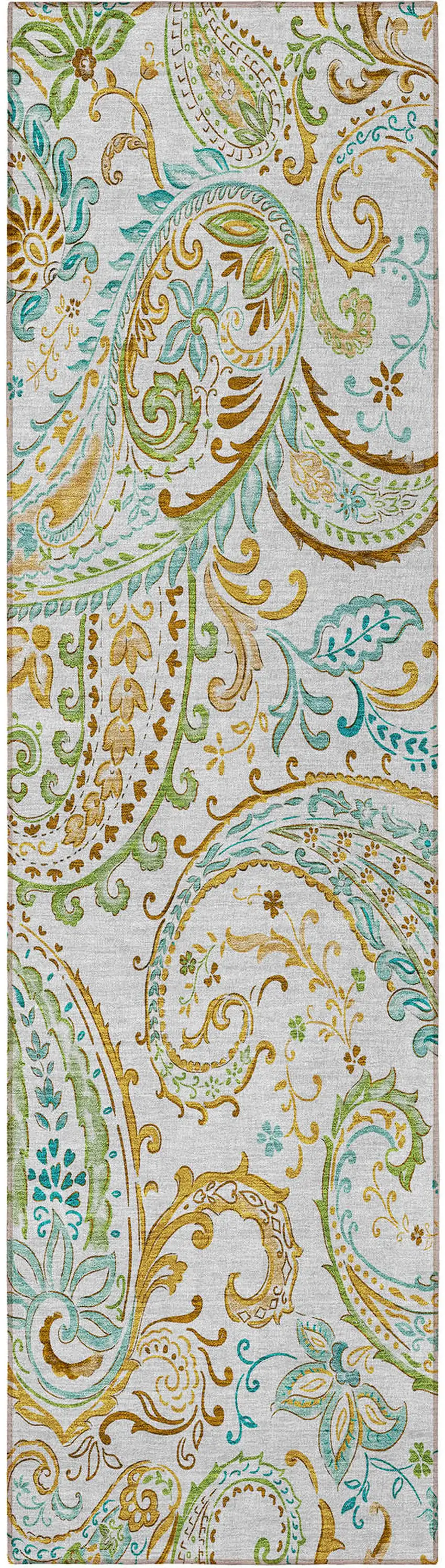 8' Runner Ivory and Gold Paisley Washable Non Skid Indoor Outdoor Runner Rug Photo 5