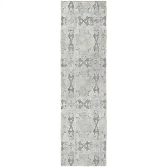 Ivory and Gray Floral Medallion Washable Non Skid Indoor Outdoor Runner Rug Photo 4