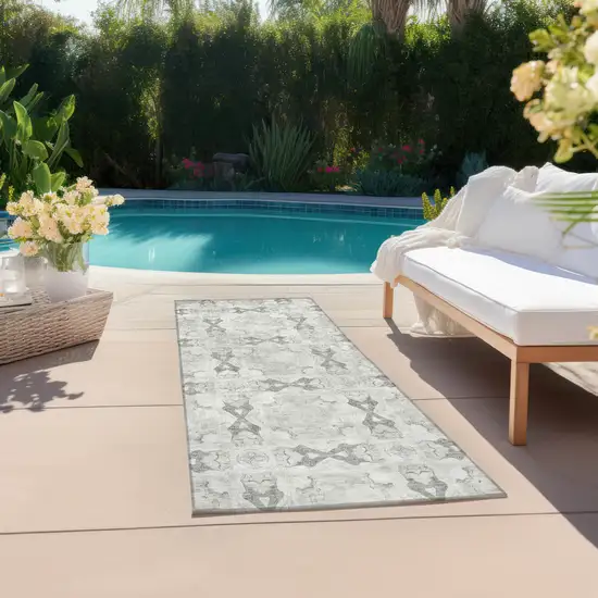 Ivory and Gray Floral Medallion Washable Non Skid Indoor Outdoor Runner Rug Photo 8