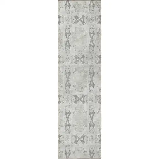 8' Runner Ivory and Gray Floral Medallion Washable Non Skid Indoor Outdoor Runner Rug Photo 4