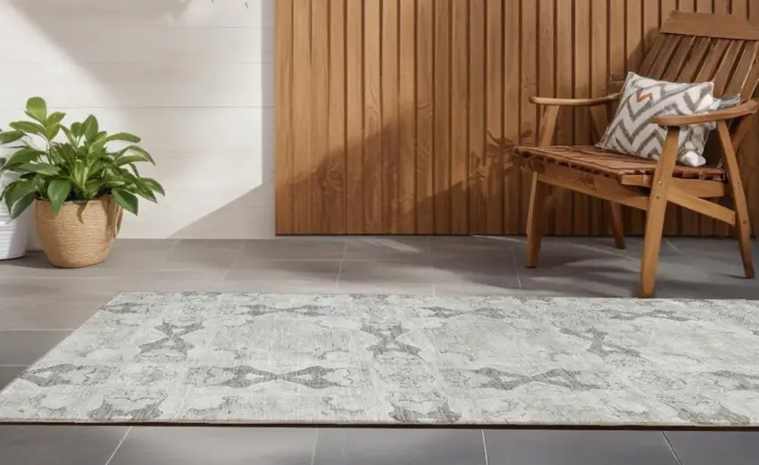 Ivory and Gray Floral Medallion Washable Non Skid Indoor Outdoor Runner Rug Photo 1