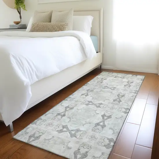 Ivory and Gray Floral Medallion Washable Non Skid Indoor Outdoor Runner Rug Photo 8