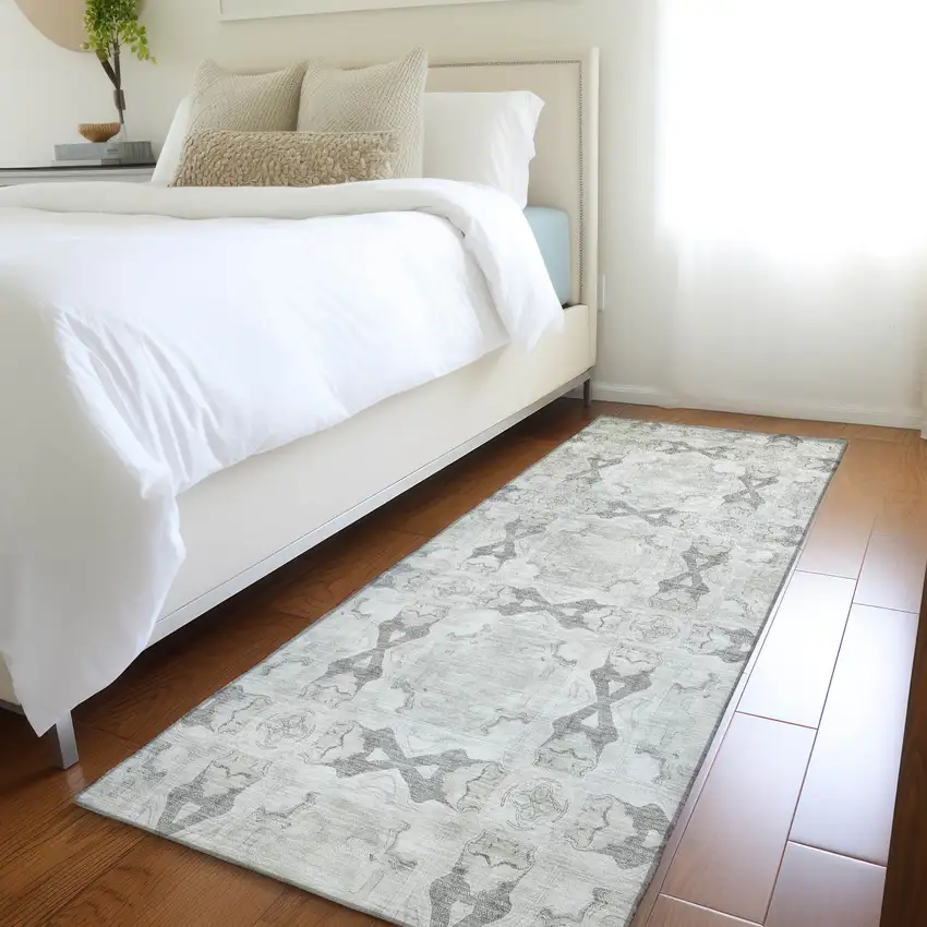 Ivory and Gray Floral Medallion Washable Non Skid Indoor Outdoor Runner Rug Photo 8