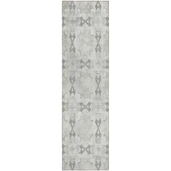 Ivory and Gray Floral Medallion Washable Non Skid Indoor Outdoor Runner Rug Photo 2