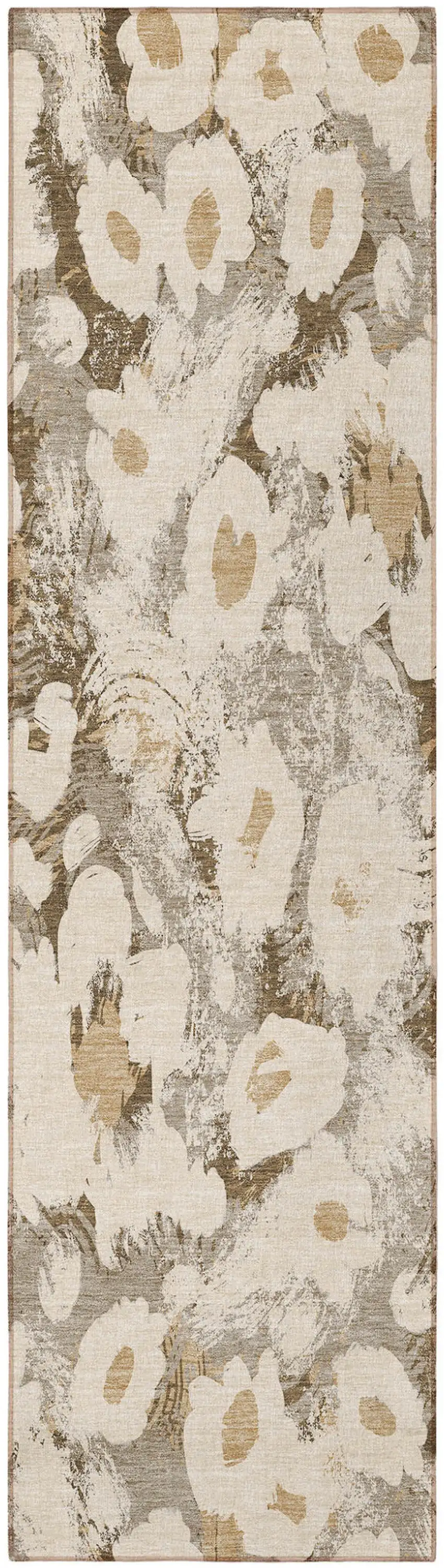 Khaki Floral Washable Non Skid Indoor Outdoor Runner Rug Photo 4