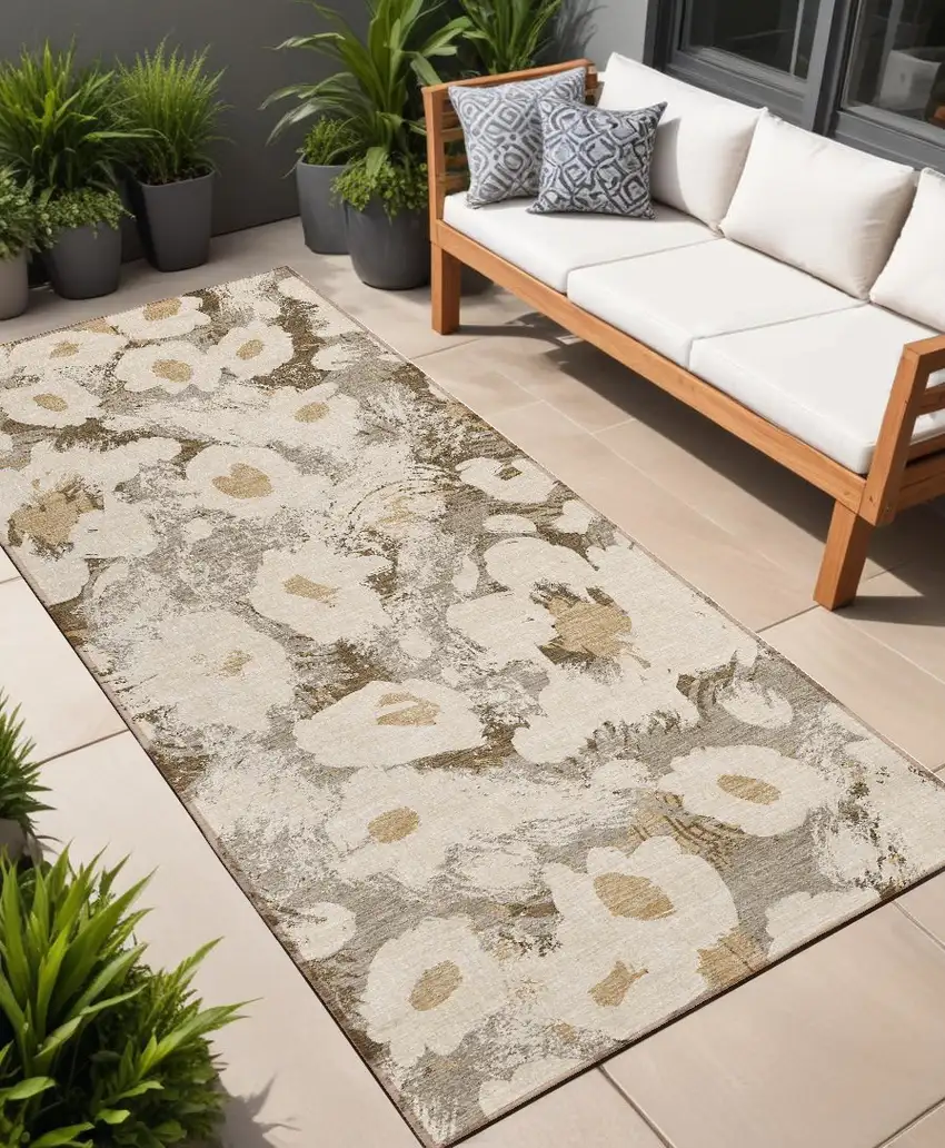 Khaki Floral Washable Non Skid Indoor Outdoor Runner Rug Photo 1