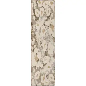 Photo of 8' Runner Khaki Floral Washable Non Skid Indoor Outdoor Runner Rug