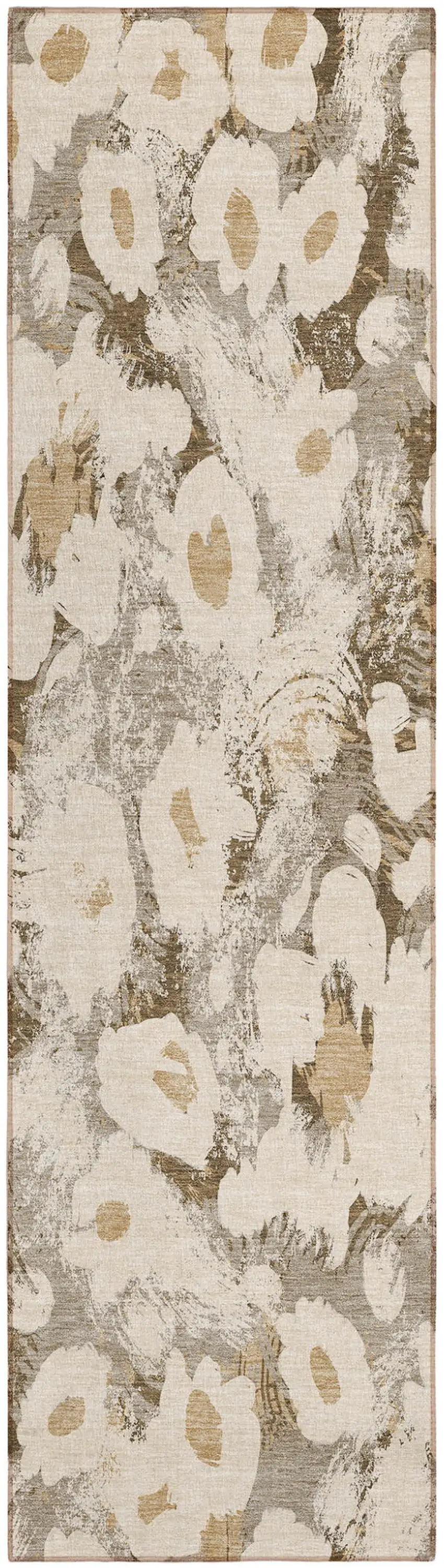 Khaki Floral Washable Non Skid Indoor Outdoor Runner Rug Photo 2