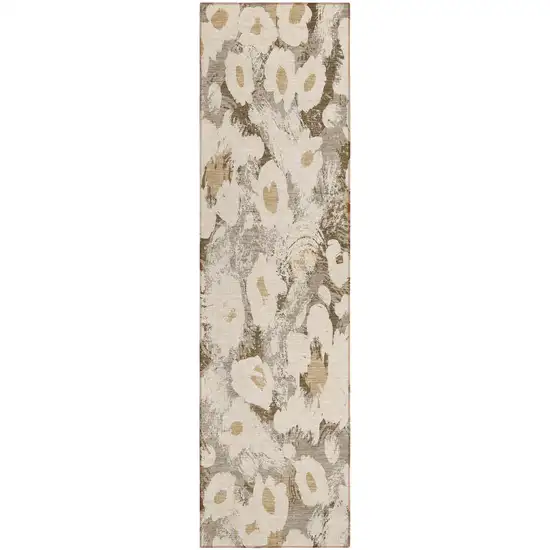 Khaki Floral Washable Non Skid Indoor Outdoor Runner Rug Photo 2