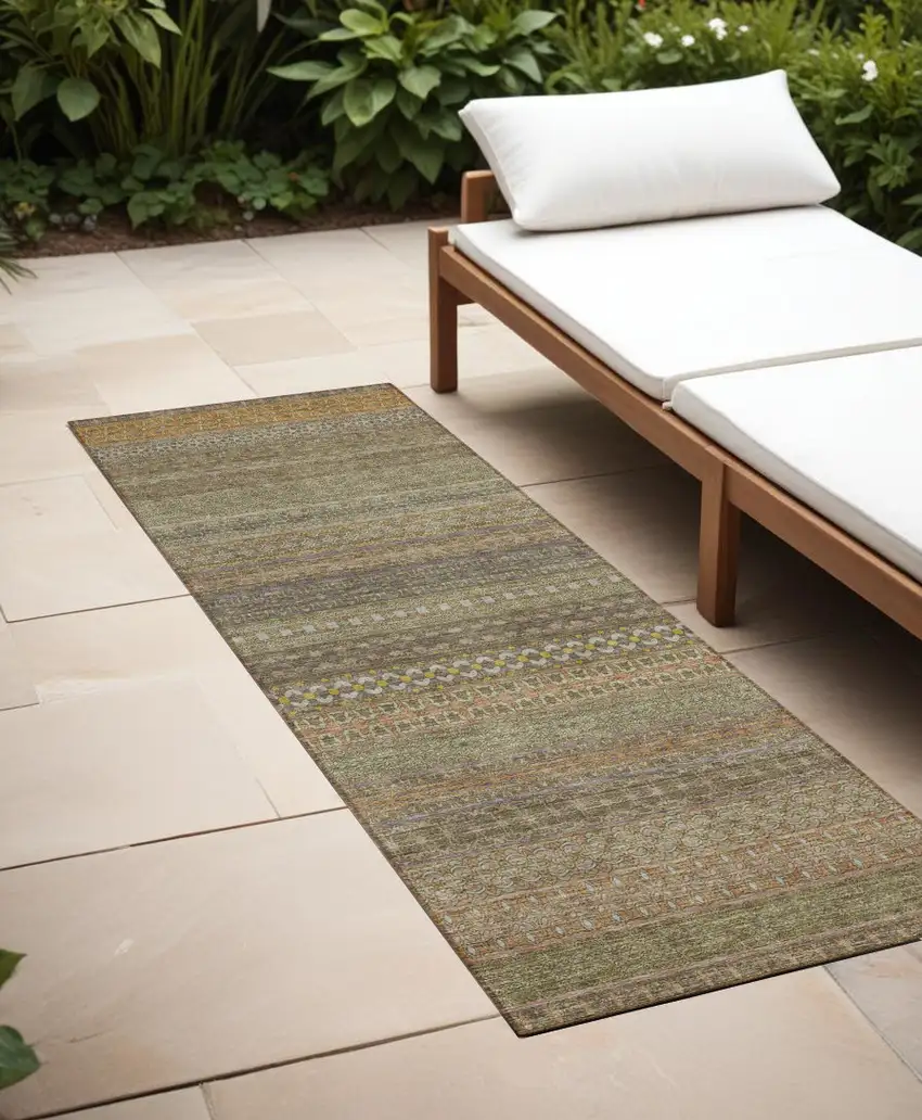 Khaki Striped Washable Indoor Outdoor Runner Rug Photo 1