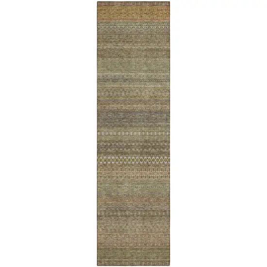Khaki Striped Washable Indoor Outdoor Runner Rug Photo 2
