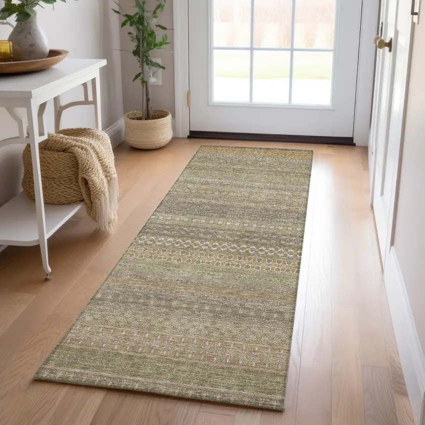 8' Runner Khaki Striped Washable Non Skid Indoor Outdoor Runner Rug Photo 8
