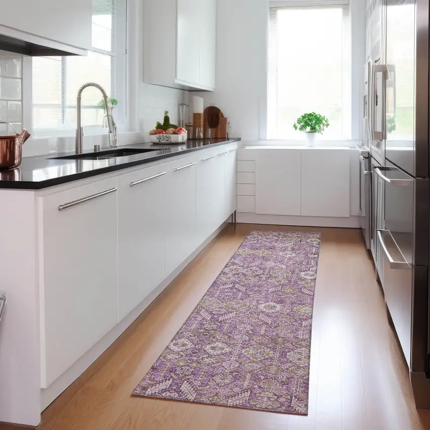 Lavender and Ivory Floral Washable Non Skid Indoor Outdoor Runner Rug Photo 9