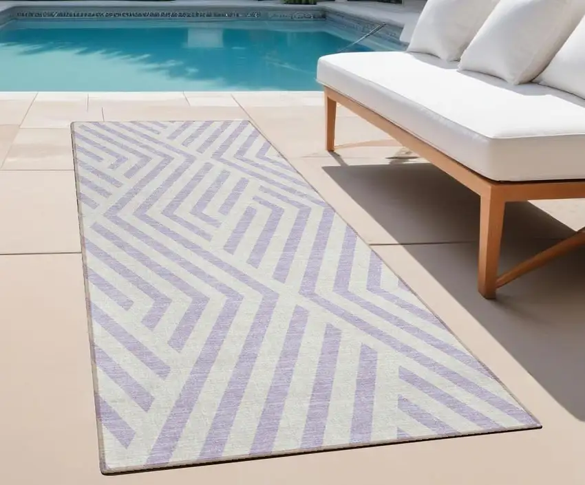 Lavender and Ivory Geometric Washable Non Skid Indoor Outdoor Runner Rug Photo 1